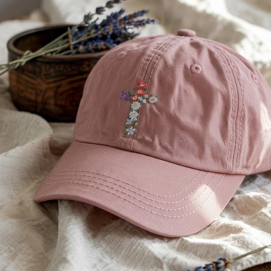 Floral Cross Embroidered Cotton Hat, Custom Christian Gift