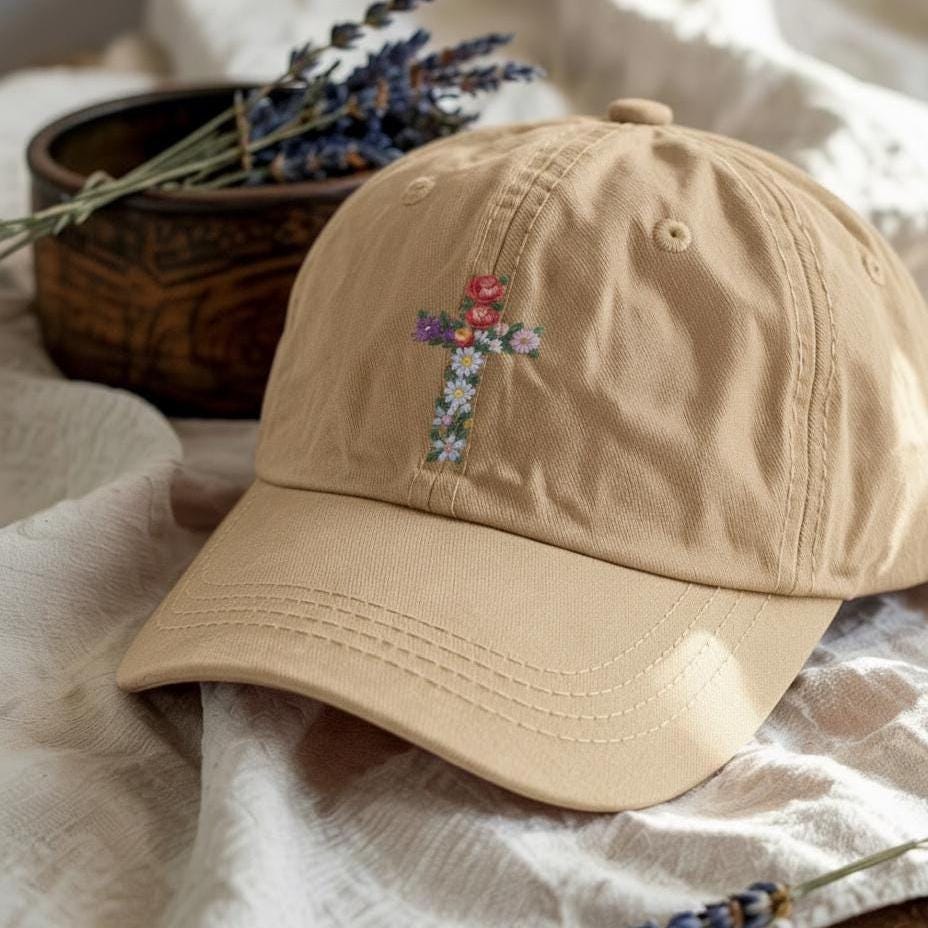 Floral Cross Embroidered Cotton Hat, Custom Christian Gift
