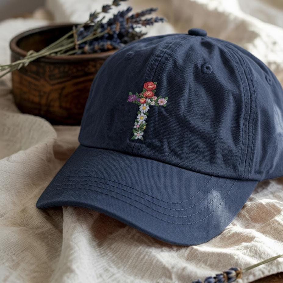 Floral Cross Embroidered Cotton Hat, Custom Christian Gift