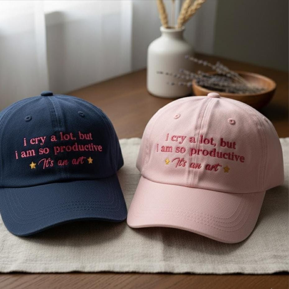 I Cry a Lot But I’m So Productive Embroidered Hat, Funny Sarcastic Cap, Cute Girl Embroidery Dad Hat, Gift for Her