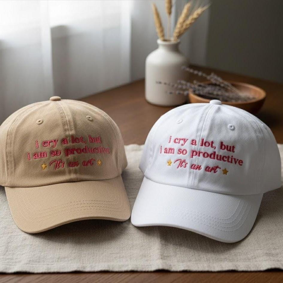 I Cry a Lot But I’m So Productive Embroidered Hat, Funny Sarcastic Cap, Cute Girl Embroidery Dad Hat, Gift for Her