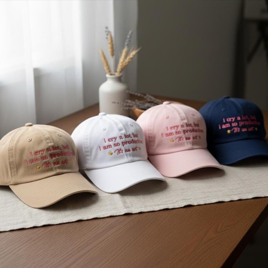 I Cry a Lot But I’m So Productive Embroidered Hat, Funny Sarcastic Cap, Cute Girl Embroidery Dad Hat, Gift for Her