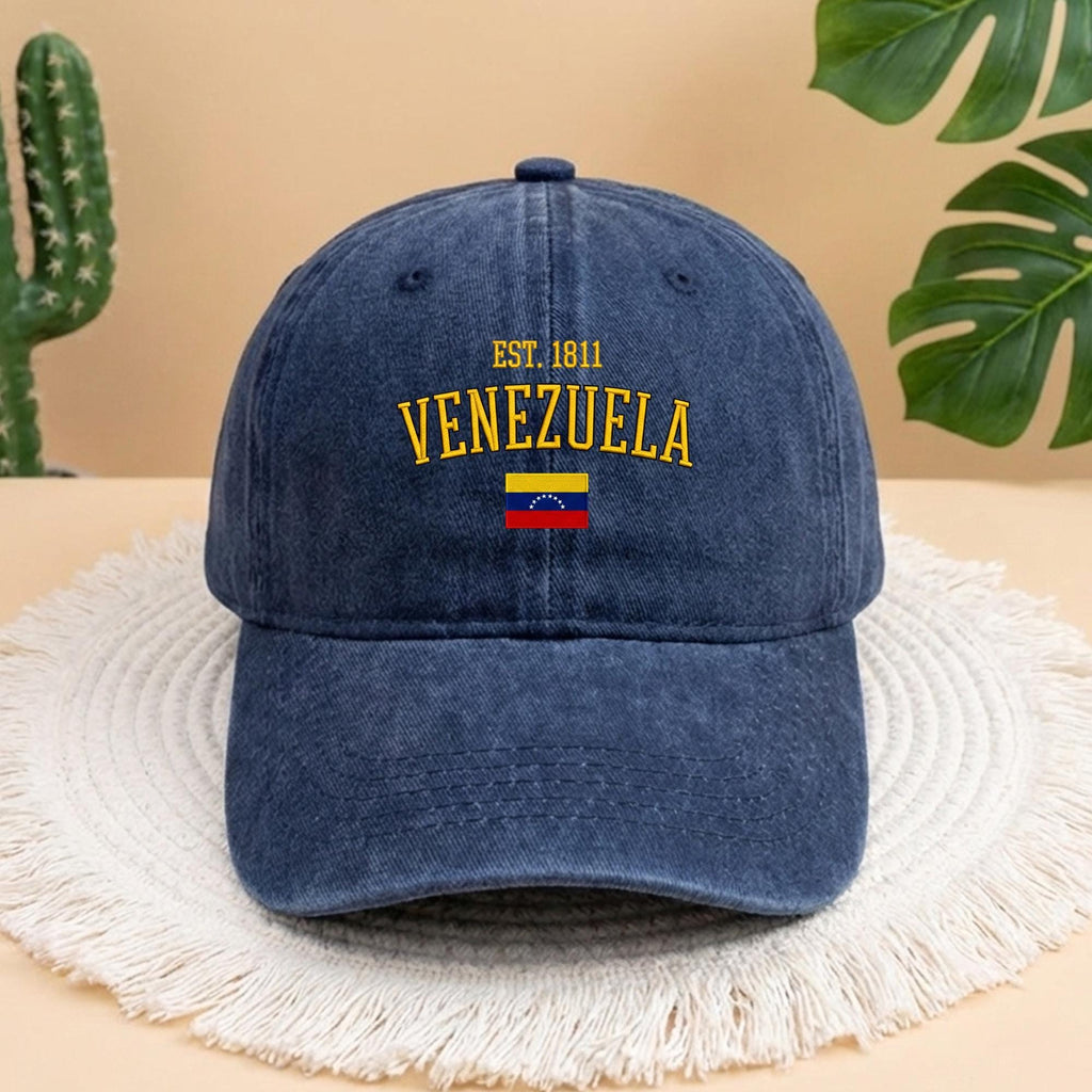 Venezuela Est 1811 Embroidered Baseball Cap, Aesthetic Navy Denim National Pride Hat, Minimalist Venezuela Flag Sun Hat