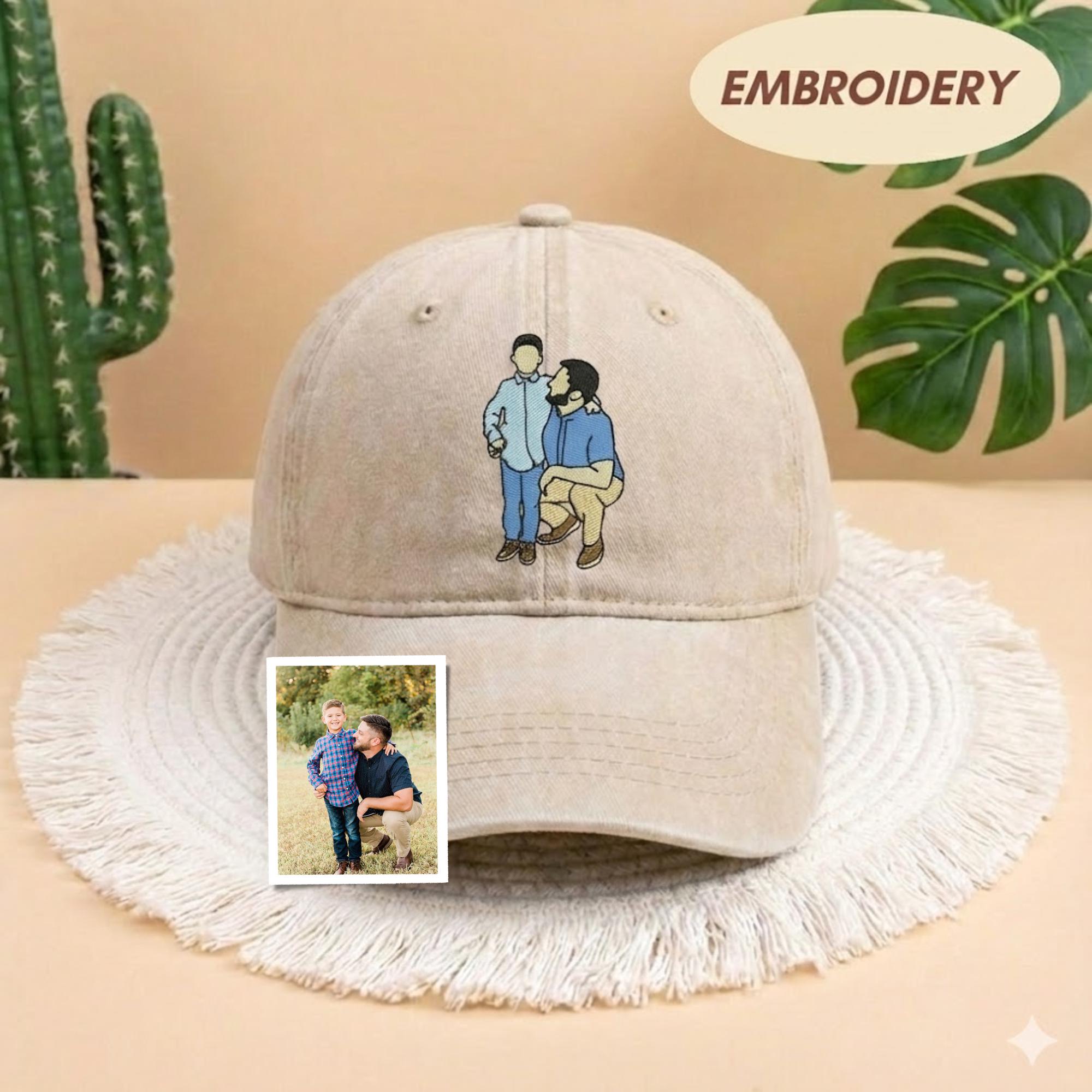 Custom Photo Embroidered Dad Hat, Embroidered Portrait Dad And Child Cap, Personalized Gift for Father’s Day, Unique Photo Birthday Hat