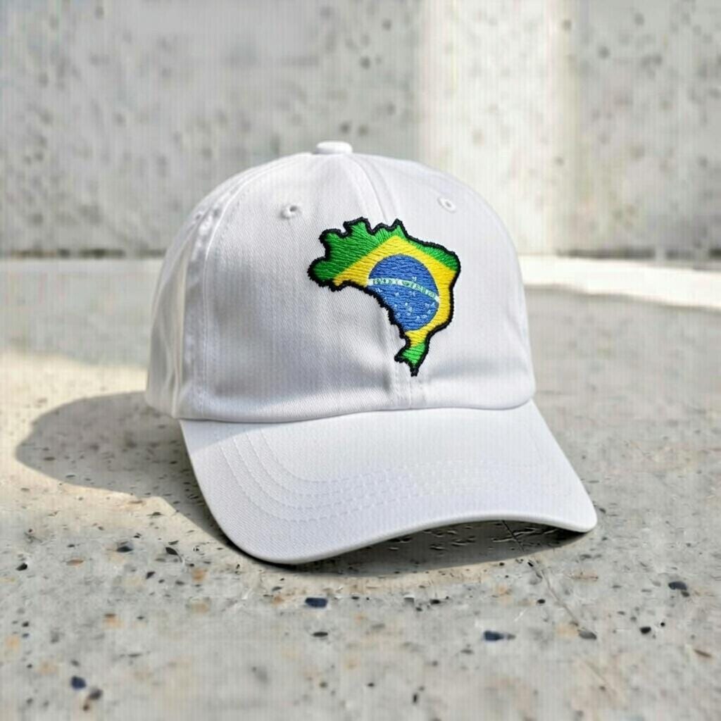 Embroidered Brazil Flag Dad Hat, Minimal White Baseball Cap