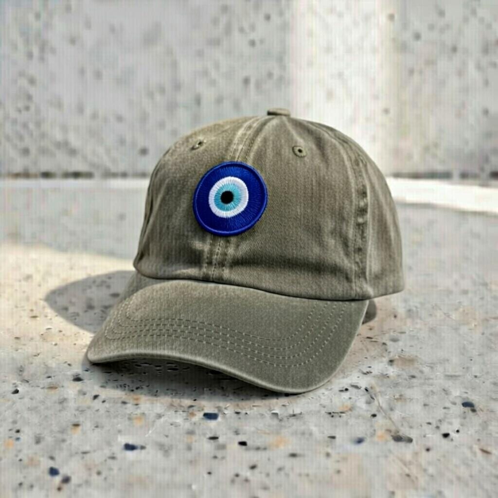Eye Embroidered Dad Hat, Minimal White Cotton Baseball Cap, Nazar Protection