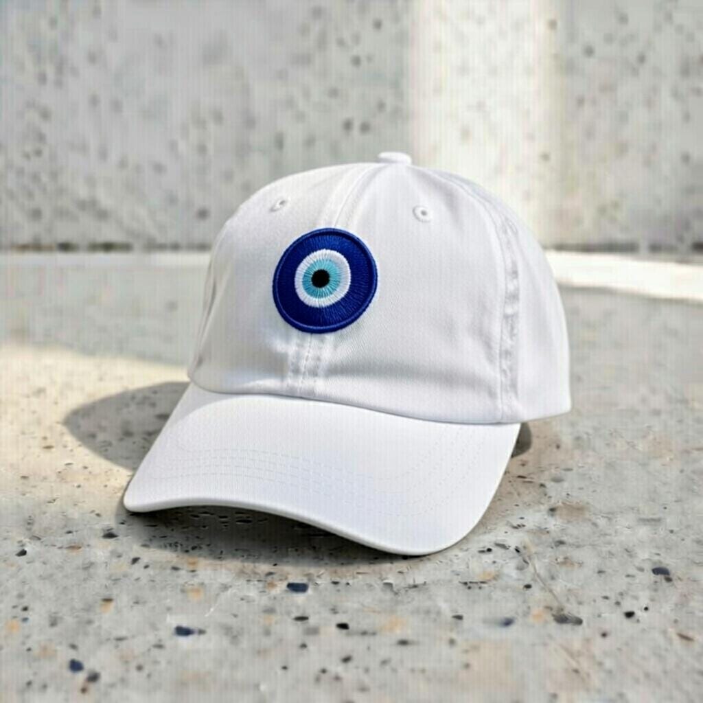 Eye Embroidered Dad Hat, Minimal White Cotton Baseball Cap, Nazar Protection