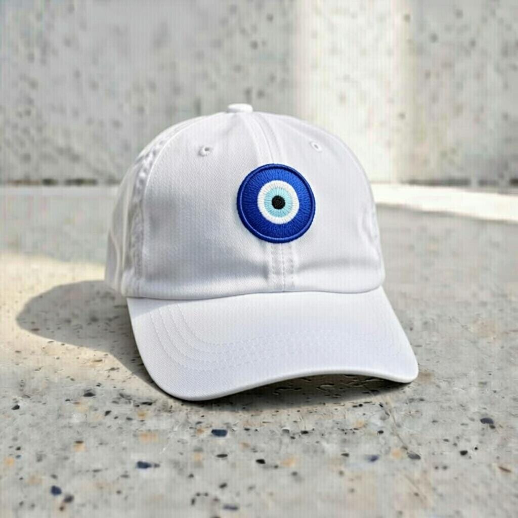 Eye Embroidered Dad Hat, Minimal White Cotton Baseball Cap, Nazar Protection