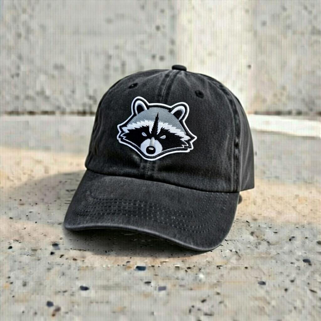 Embroidered Raccoon Dad Hat, Beige Cotton Baseball Cap