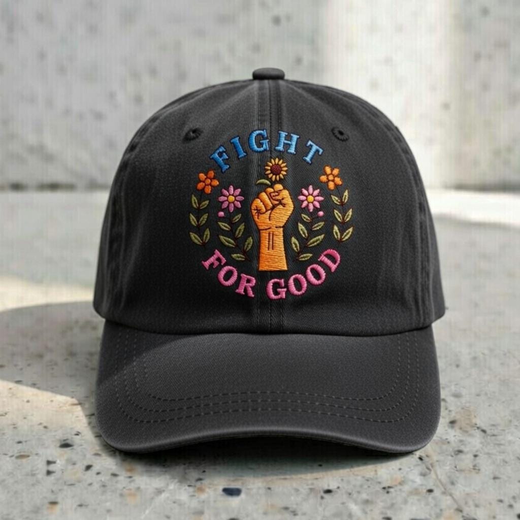 Fight For Good Embroidered Dad Hat, Floral Power Fist Baseball Cap, Social Justice Activist Hat, Aesthetic Feminist Gift, Unisex Cotton Cap