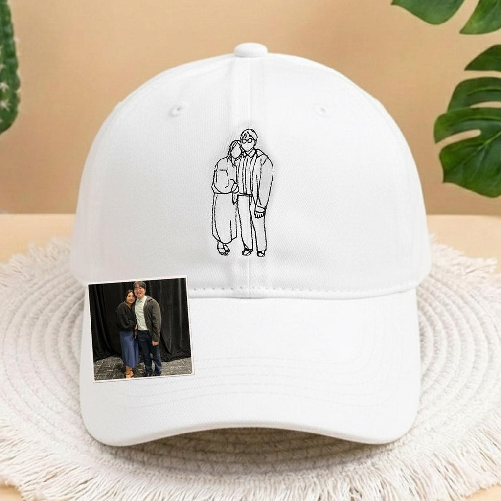 Custom Couple Photo Embroidered Hat, Personalized Couple Portrait Baseball Cap, Custom Line Art Wedding Anniversary Gift, Dad Hat for Couple
