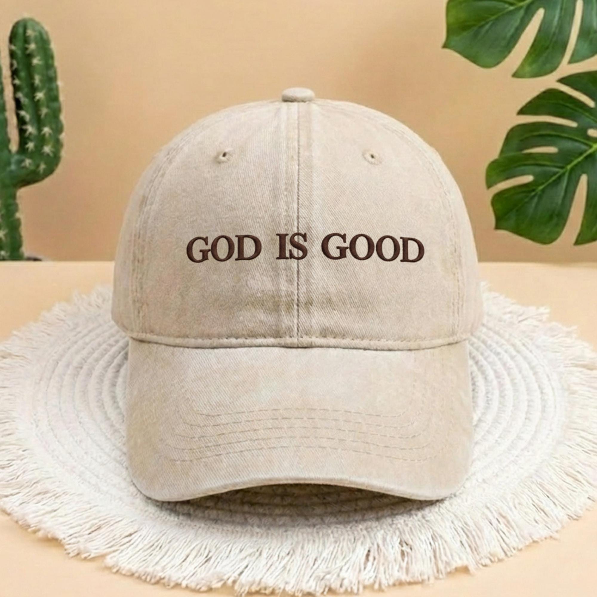 God Is Good Embroidered Baseball Cap, Vintage Beige Denim Christian Hat, Aesthetic Religious Gift For Him, Faith Based Minimalist Sun Hat