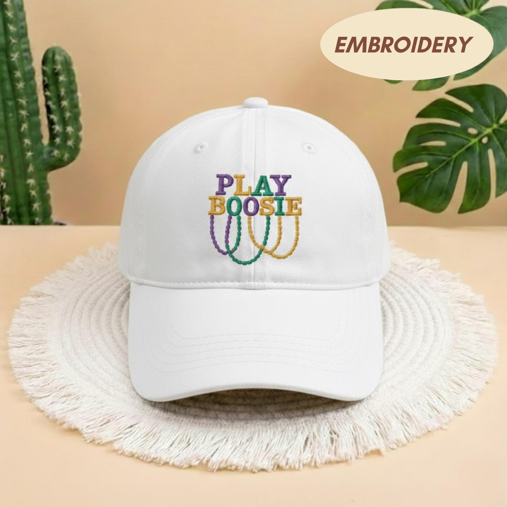 Play Boosie Mardi Gras Embroidered Cap, Louisiana Carnival Beads Hat, NOLA Party Apparel, Festival Baseball Cap ,Matching Carnival Trip Hat