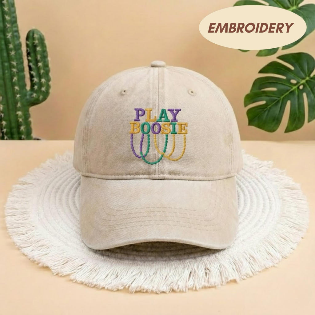 Play Boosie Mardi Gras Embroidered Cap, Louisiana Carnival Beads Hat, NOLA Party Apparel, Festival Baseball Cap ,Matching Carnival Trip Hat