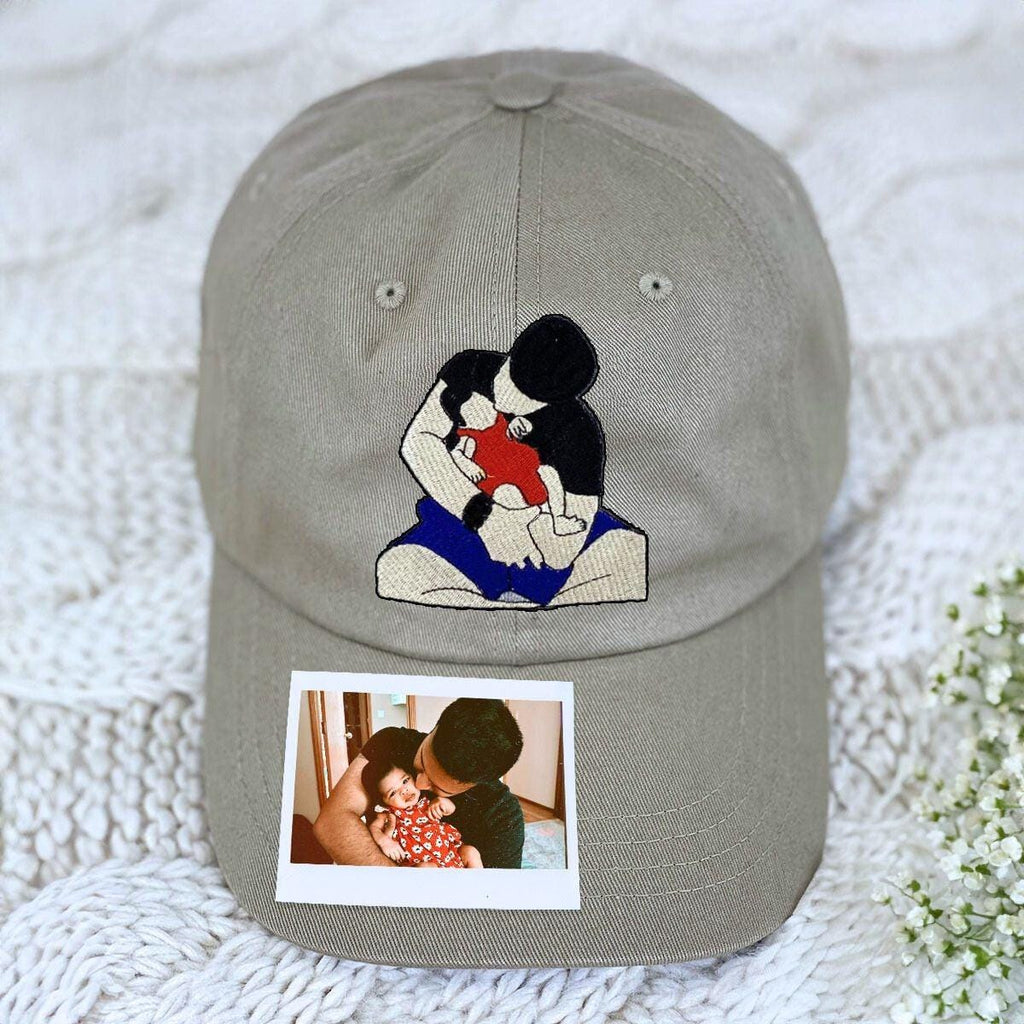 Custom Photo Embroidered Dad Hat, Embroidered Portrait Dad And Child Cap, Personalized Gift for Father’s Day, Unique Photo Birthday Hat