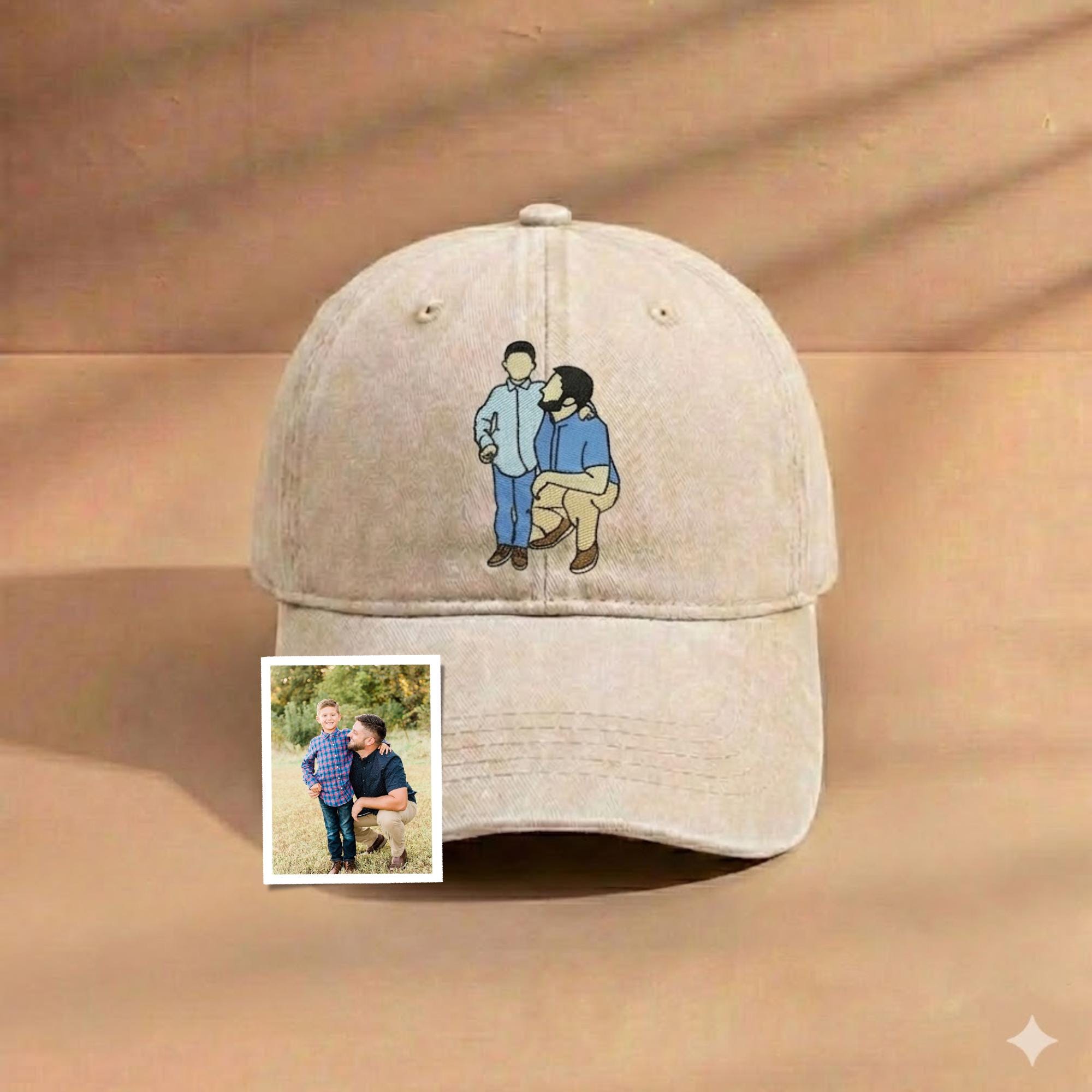 Custom Photo Embroidered Dad Hat, Embroidered Portrait Dad And Child Cap, Personalized Gift for Father’s Day, Unique Photo Birthday Hat