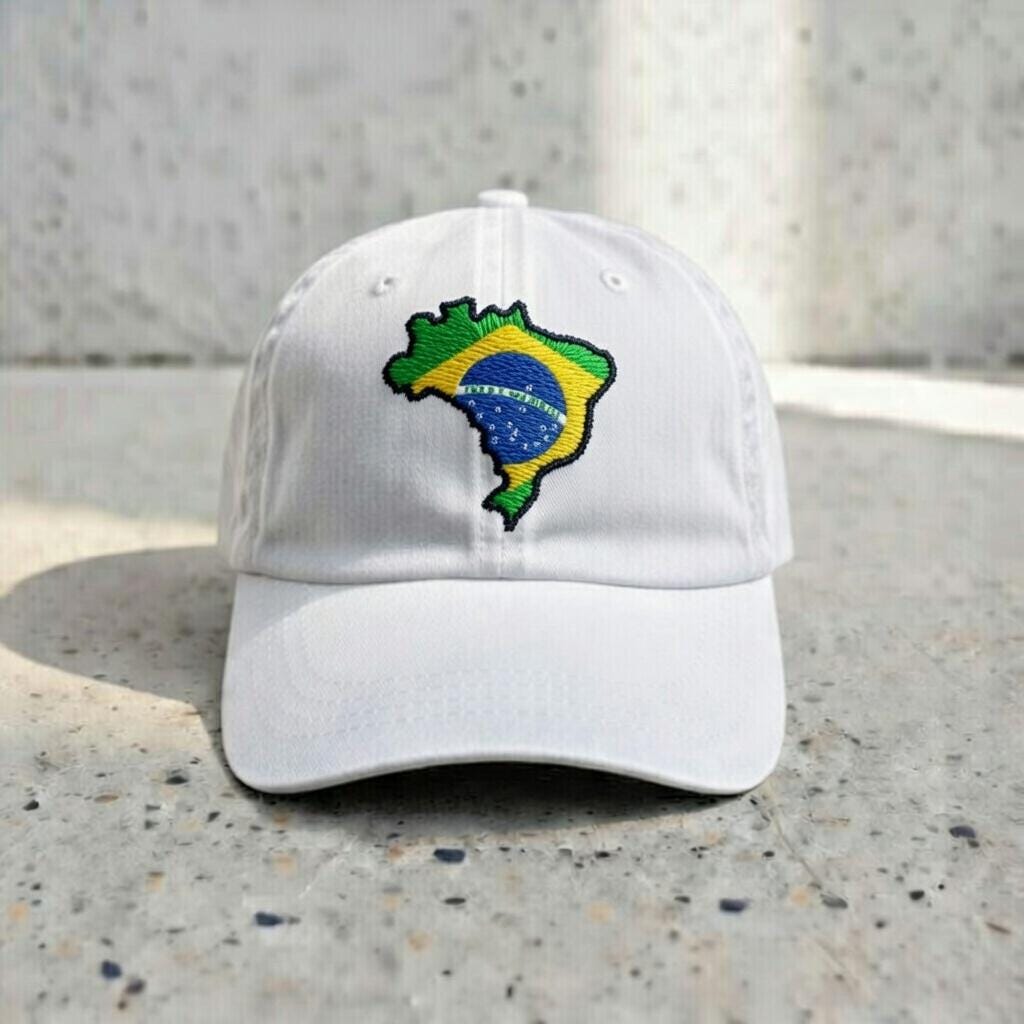 Embroidered Brazil Flag Dad Hat, Minimal White Baseball Cap