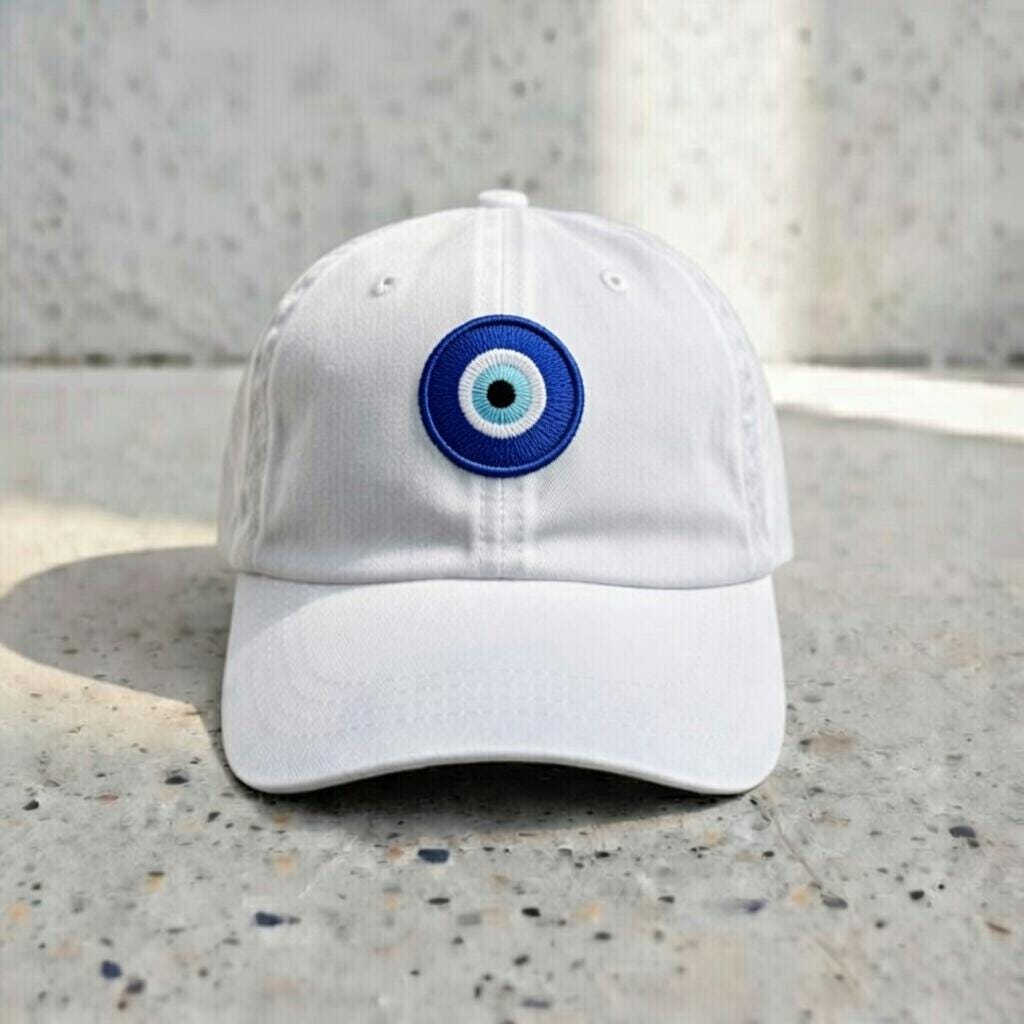 Eye Embroidered Dad Hat, Minimal White Cotton Baseball Cap, Nazar Protection