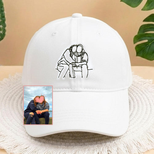 Custom Couple Photo Embroidered Hat, Personalized Couple Portrait Baseball Cap, Custom Line Art Wedding Anniversary Gift, Dad Hat for Couple